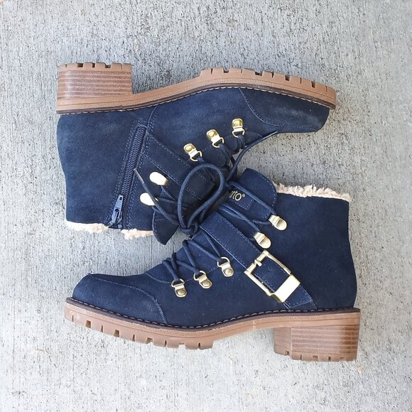 Spoto Dark Blue Navy Lace Up Zip Suede Leather Ankle Booties Boots Like New - Picture 2 of 6